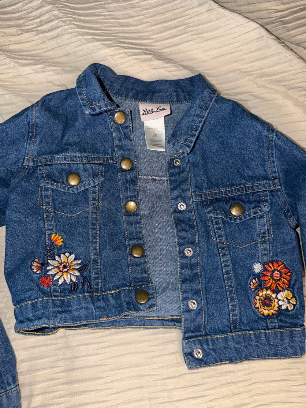 Little Lass Blue Denim Jacket with Colorful Floral Embroidery